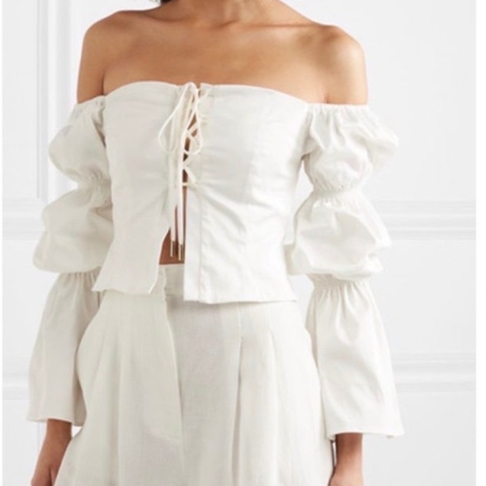 Cult Gaia Claire White Lace-Up Bell Sleeve Off-the-Shoulder Lace Up Top -